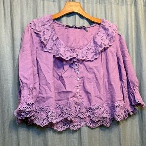Anthropologie Purple Lace Trim Blouse